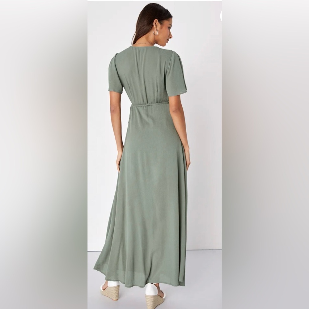 Much Obliged Washed Olive Green Wrap Maxi Dress - Picture 2 of 5